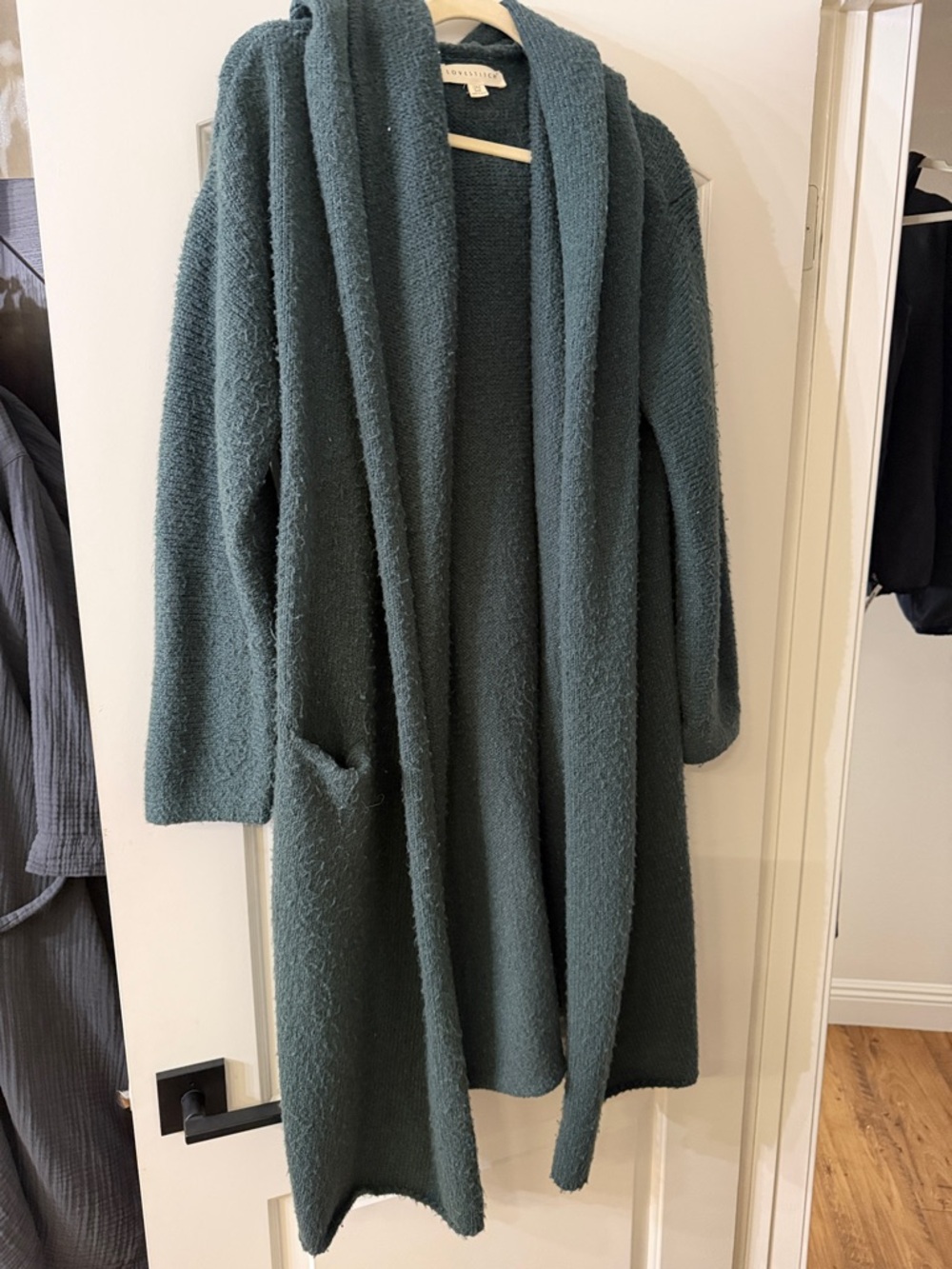 lovestitch Long Open-Front Cozy Cardigan in Teal Green